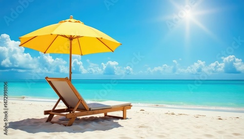 Relaxing umbrella beach chair on sandy beach, sunny day , summer, escape