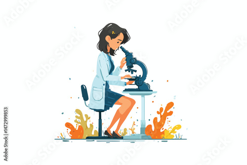 Female researcher using microscope chemistry isolated