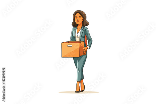 fired businesswoman carrying his belongings in a box termination isolated