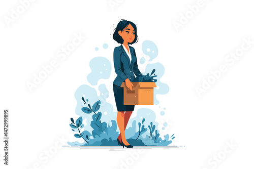 fired businesswoman carrying his belongings in a box unemployment isolated