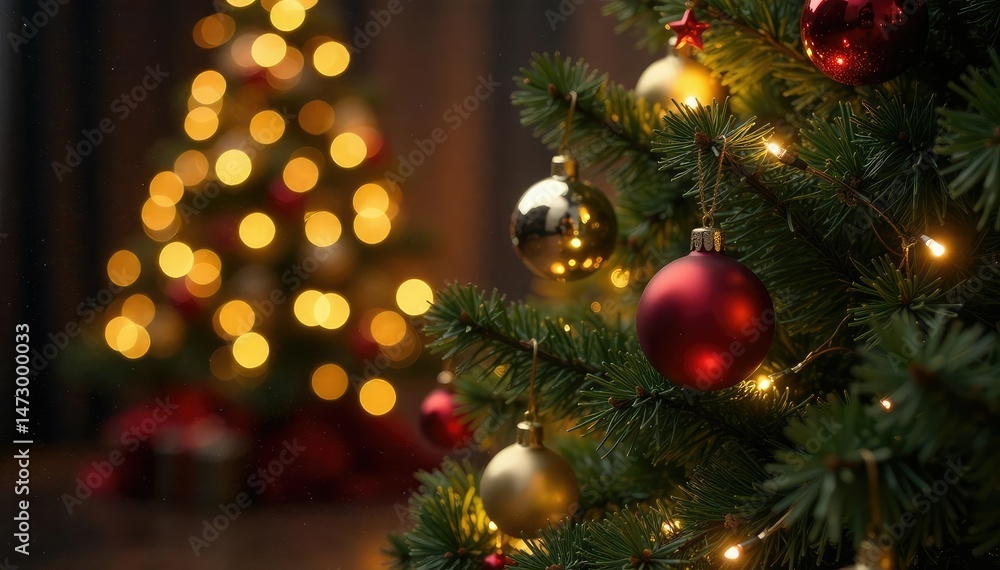 A beautifully decorated Christmas tree with ornaments and twinkling lights , holiday background, gold, festive background A beautifully decorated Christmas tree with ornaments and twinkling lights , holiday background, gold, festive background