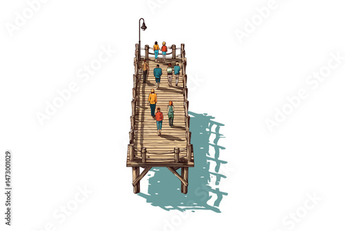 Pier from Above with People Sunbathing and Fishing st drone isolated