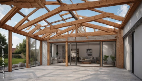 Modern home extension framing, new roof structure, work, steel, structure