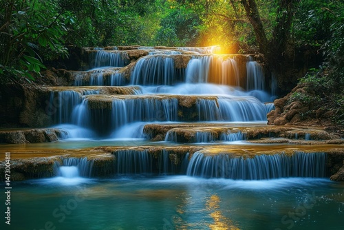 Serene multi-tier waterfall flowing through lush green forest with golden sunlight peeking through trees, creating a peaceful and calming atmosphere