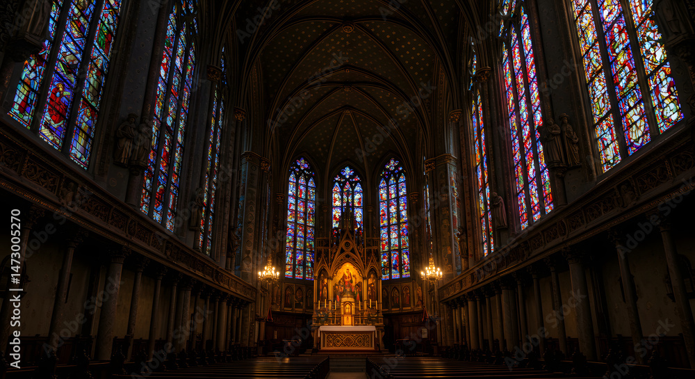 Fototapeta premium Majestic Interior of a Gothic Cathedral with Stained Glass Windows and Warm Lighting