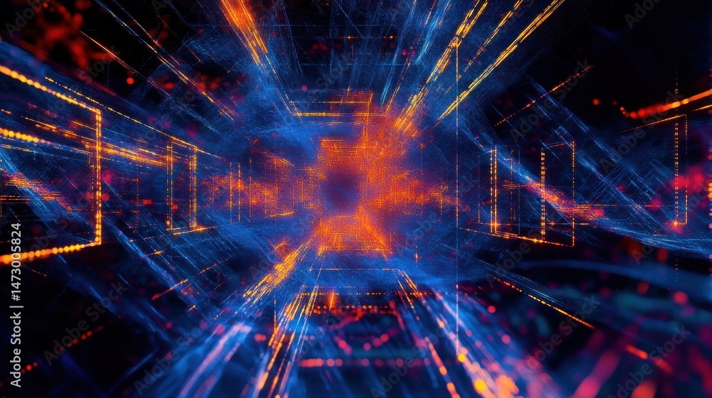 Obraz premium Abstract digital tunnel with glowing orange and blue lines and particles creating a futuristic and dynamic depth effect