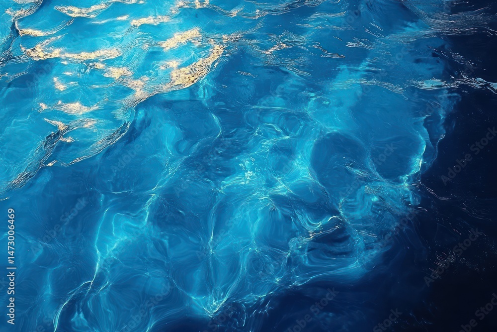 Fototapeta premium Clear blue water surface with shimmering light reflections creating abstract patterns and a sense of calm and tranquility