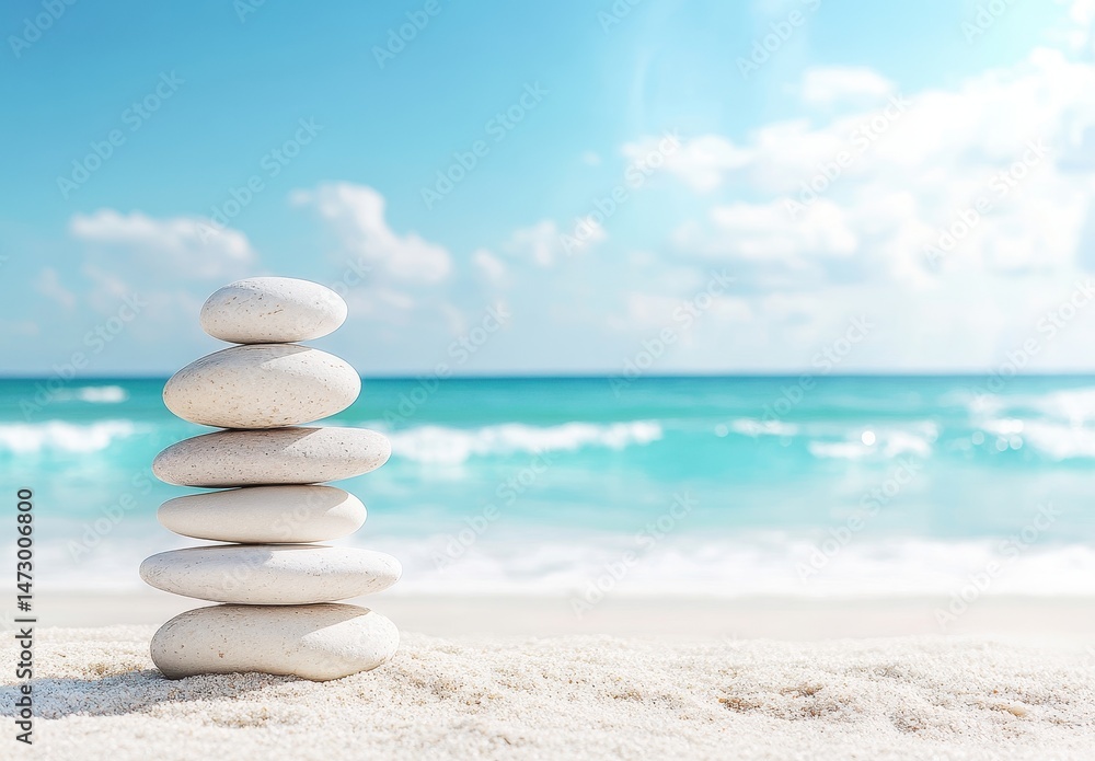 Fototapeta premium Peaceful stacked stones on a beach. Sunlight illuminates the scene