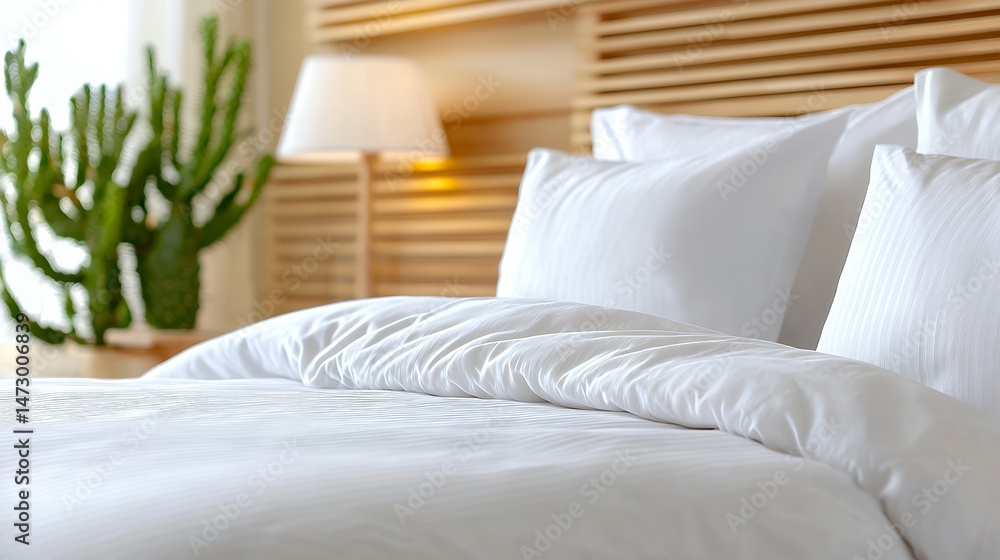 White Bedding with Pillows and Lamp in Bedroom White Bedding with Pillows and Lamp in Bedroom