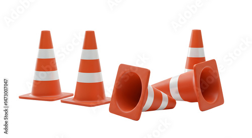 A collection of orange traffic cones with white stripes positioned on a plain background, ideal for construction or safety themes