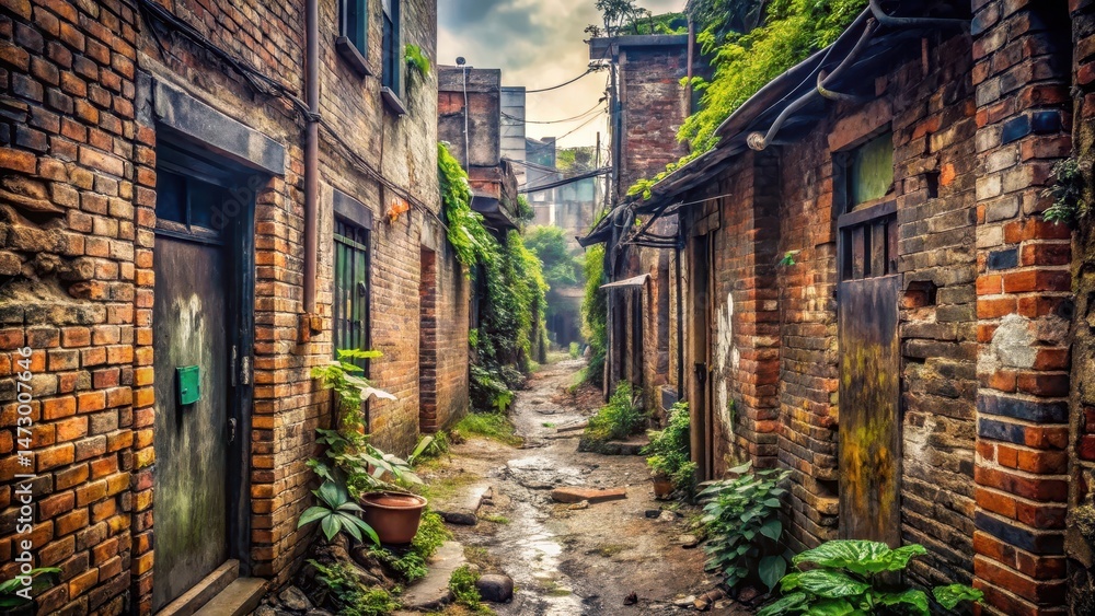Fototapeta premium Narrow alleyway in a slum with crumbling brick walls and overgrown vegetation , abandoned buildings, desolate atmosphere