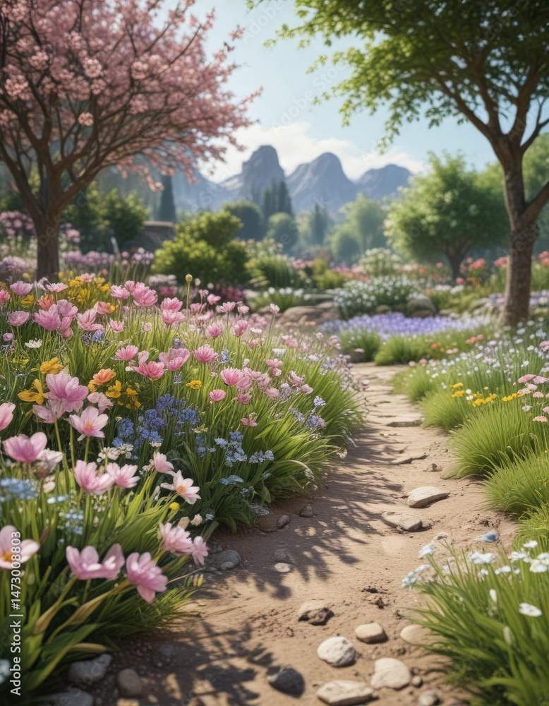 Blooming spring flowers in panoramic garden view, natural, flowers Blooming spring flowers in panoramic garden view, natural, flowers