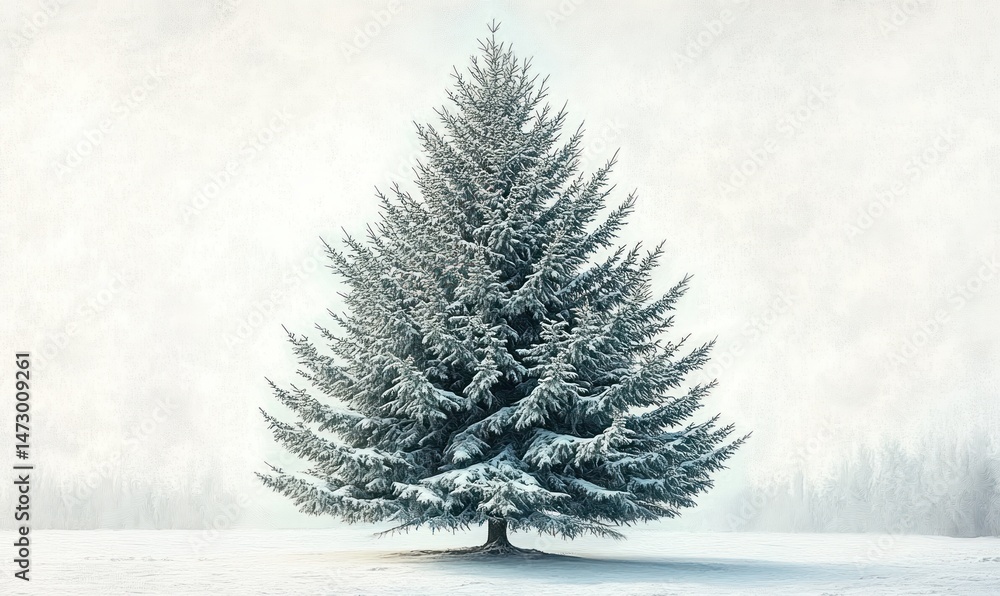 Fototapeta premium A large evergreen tree covered in fresh snow stands alone on a snowy field with a misty background of faint trees under a pale winter sky, evoking calm and solitude