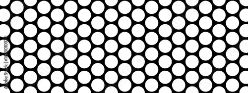 Repeated round dots. White circles on black background. Perforated texture. Pegboard, radiator or speaker grill surface with repeated holes. Mosaic holey print. Vector graphic illustration.