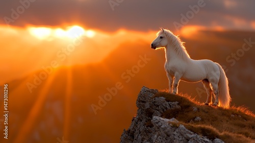 White Horse on Mountain Peak at Sunset