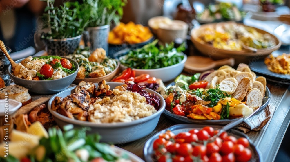 Various Bowls and Plates Filled with Colorful Healthy Dishes on a Wooden Tabletop Various Bowls and Plates Filled with Colorful Healthy Dishes on a Wooden Tabletop