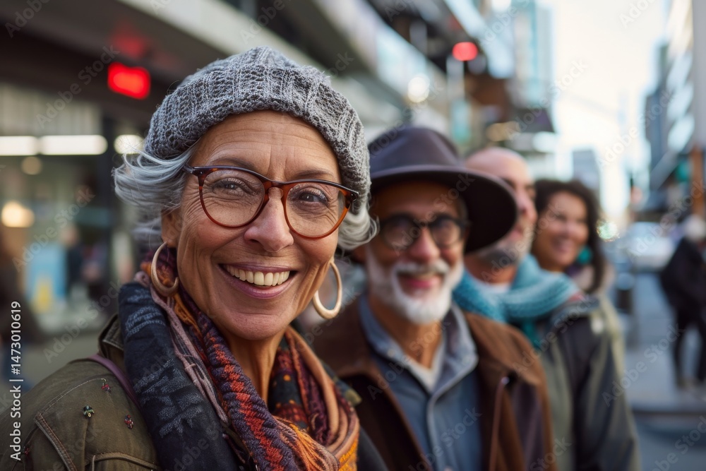 Portrait of happy senior woman with group of friends in the city Portrait of happy senior woman with group of friends in the city