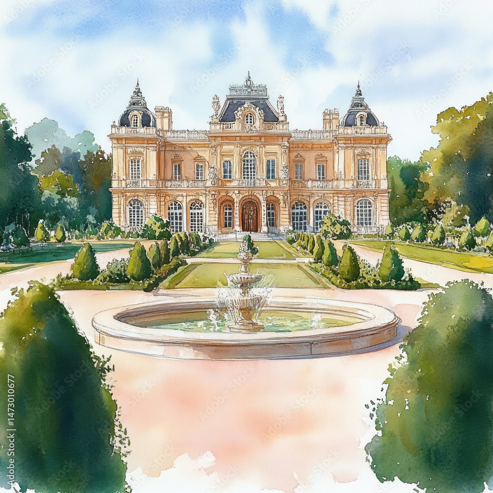 Obraz premium Grand historic mansion with symmetrical architecture and ornate rooftop towers overlooks a manicured garden with shaped bushes and a central water fountain under a bright sky