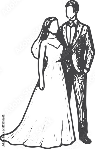 Black and white sketch of a bride and groom in wedding attire, perfect for invitations or wedding themes. Ideal for romantic designs