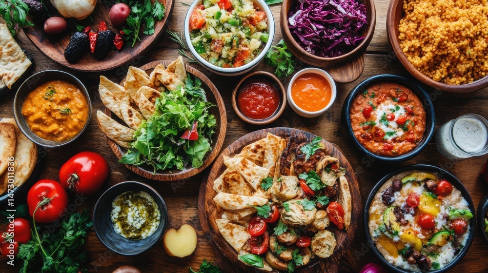 Overhead Arrangement of Middle Eastern Cuisine, Flatbreads, Dips, and Vegetable Dishes on Rustic Wooden Table Overhead Arrangement of Middle Eastern Cuisine, Flatbreads, Dips, and Vegetable Dishes on Rustic Wooden Table
