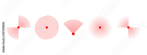 Pain localization icons. Red concentric circles. Sore or inflammation symbols. Pulse, vibration or radiation signs. Shock wave, radar or sound signal pictograms. Vector illustration.