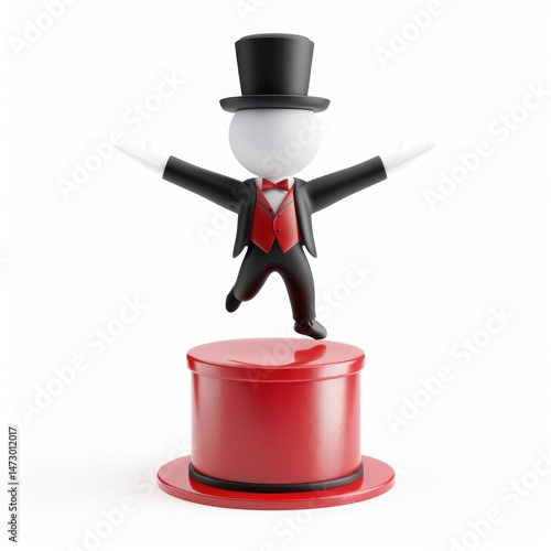 3D model of a magician mid-leap on a red cylinder.