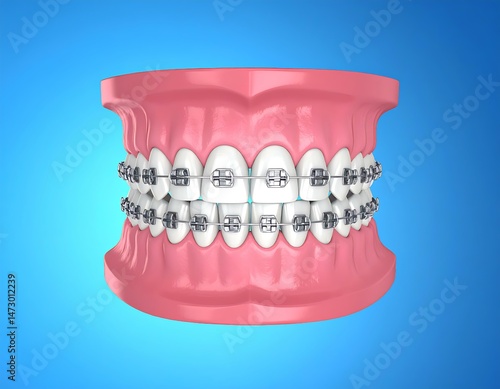 Metal Braces Orthodontic Teeth Alignment Model 3D Illustration
