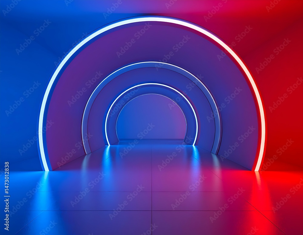 Obraz premium Abstract Neon Archway Tunnel Red Blue Futuristic Digital Design