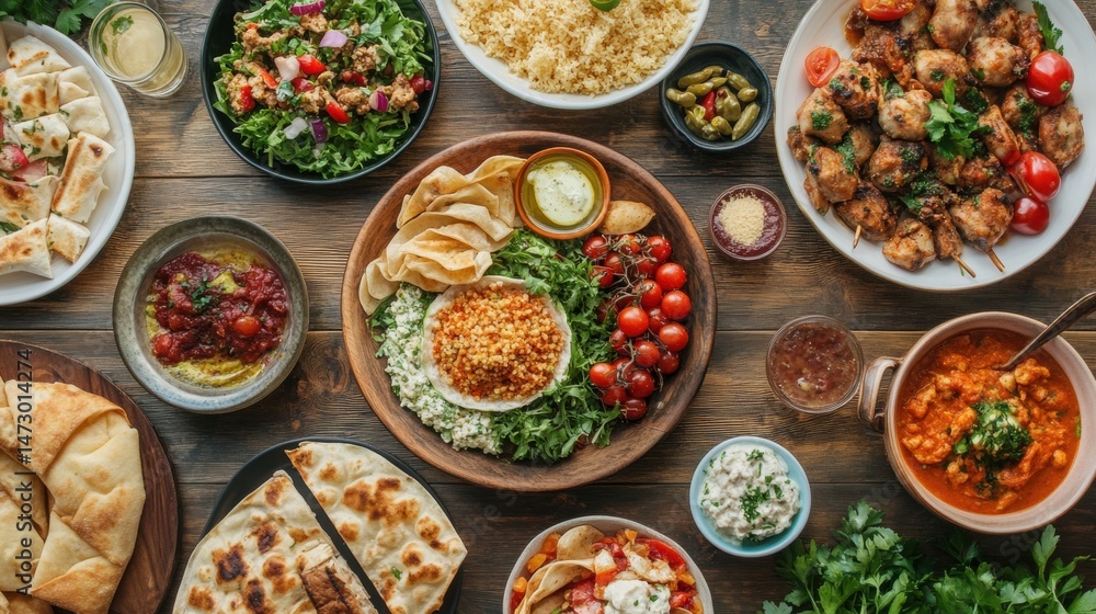 Overhead View of Several Dishes of Various Middle Eastern Cuisine Overhead View of Several Dishes of Various Middle Eastern Cuisine