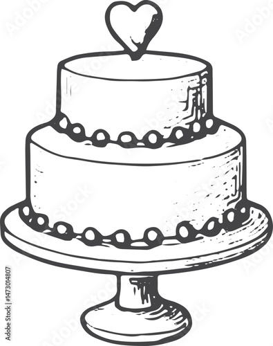Black and white sketch of a tiered wedding cake with heart detail, ideal for bakery or wedding designs. Perfect for invitations or decor