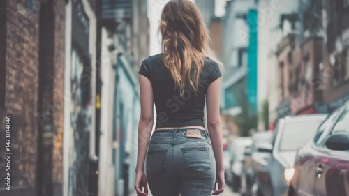 Woman walking street wearing jeans