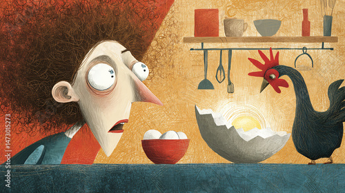 Quirky Chicken Cartoon Art Kitchen Scene Lively Rooster Whimsical Expression Surprised Poultry Mixing Eggshelled Bowl Animated Humorous Domestic Decorative Chef Food Raymond Interior Design