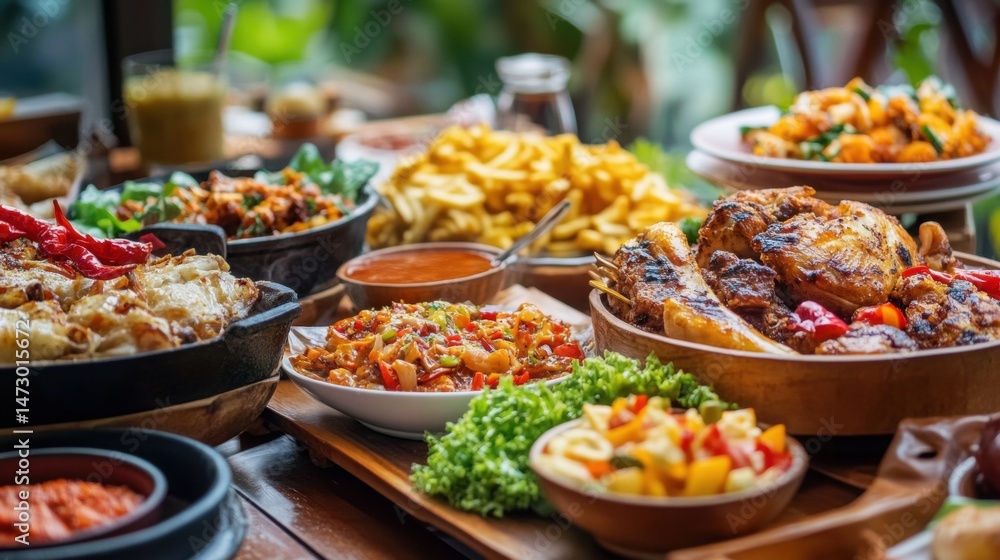 Abundant Variety of Gourmet Dishes Displayed on a Wooden Buffet Table Abundant Variety of Gourmet Dishes Displayed on a Wooden Buffet Table
