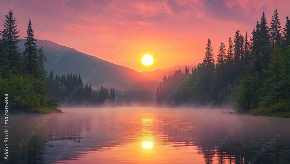 Fototapeta premium Serene sunrise over a misty mountain lake. A tranquil landscape of a calm lake reflecting a vibrant sunrise, surrounded by misty mountains and lush forests. 