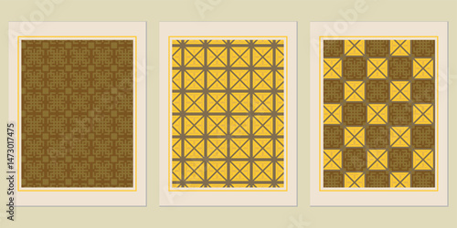 Aesthetic trio of geometric tile patterns showcases intricate decorative artwork, presented in framed gallery display, creating an ambiance of understated elegance
