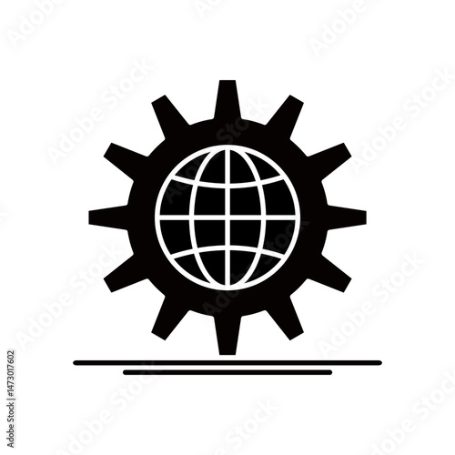 Black Gear with Globe Icon and Two Horizontal Lines
