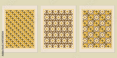 Sophisticated collection of vintage-inspired patterned wall art, showcasing geometric designs in earth-toned hues for modern interior decor