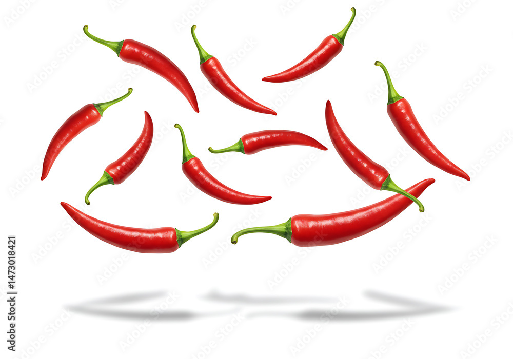Floating Red Chili Peppers on White Background Floating Red Chili Peppers on White Background
