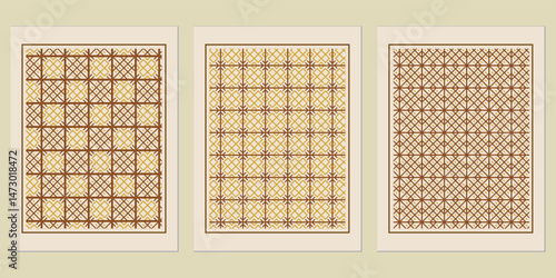 Triptych of framed geometric patterns showcasing brown and beige crisscross line designs, ideal for backgrounds, textiles, or vintage styled digital wallpaper