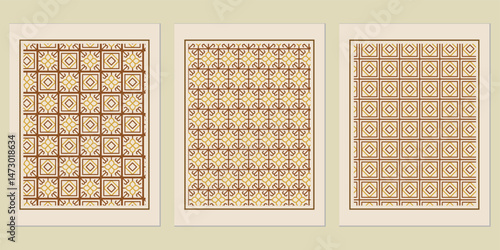 Elegant geometric wall art set evokes a timeless aesthetic with structured patterns and warm earthy tones ideal for modern interior design themes