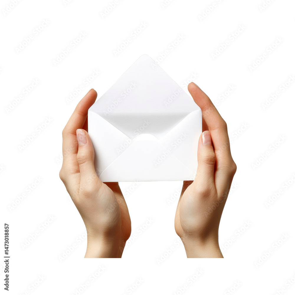 Fototapeta premium Woman's Hands Holding an Open White Envelope Against Transparent Background