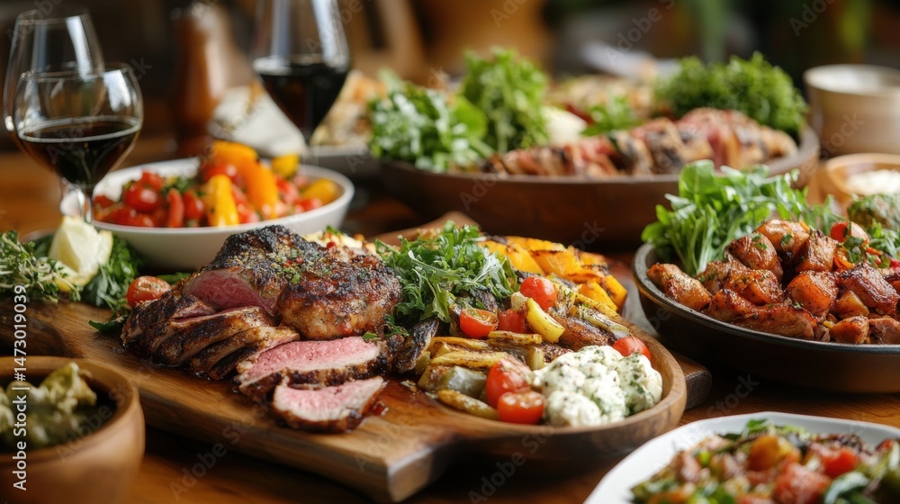 Sliced Roasted Beef Served with Grilled Vegetables and Salad Displayed on a Wooden Table Sliced Roasted Beef Served with Grilled Vegetables and Salad Displayed on a Wooden Table