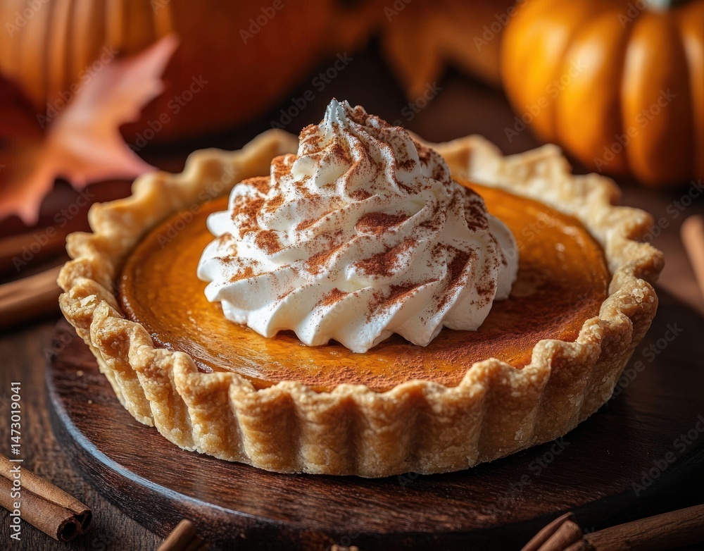 Close-up of a small pumpkin pie tart with whipped cream sprinkled with cinnamon on top, surrounded by cinnamon sticks and autumn leaves creating a cozy fall atmosphere Close-up of a small pumpkin pie tart with whipped cream sprinkled with cinnamon on top, surrounded by cinnamon sticks and autumn leaves creating a cozy fall atmosphere