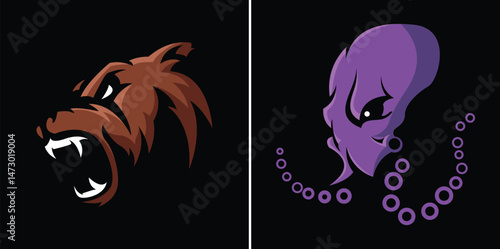 Brown Bear Head and Purple Octopus Head with Circles Illustration