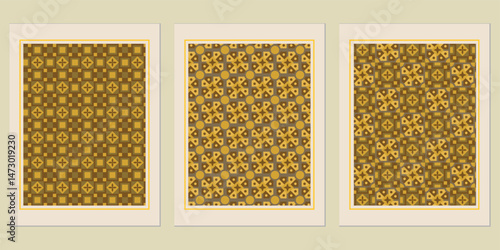 Three framed geometric art prints showcasing retro styled repeating patterns in shades of ochre and brown giving a warm and inviting aesthetic