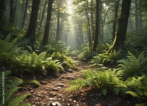 Sunlight dappled, mossy forest floor with ferns ,  nature,  shadow