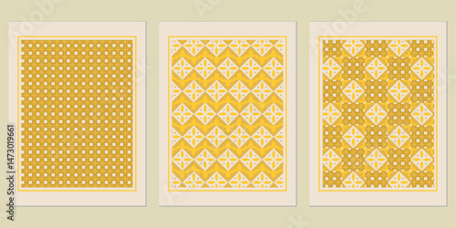Harmonious trio of framed textile patterns evoking mid-century charm and subtle sophistication for wall art decor