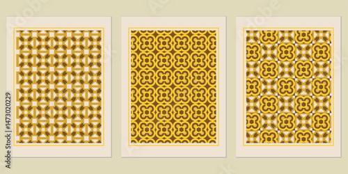 Geometric Pattern Set with Retro Flair: Harmonious Blend of Shapes and Colors in Three Unique Variations