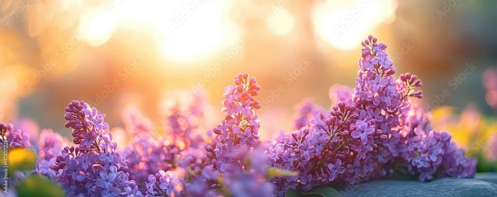 Close-up of vibrant purple lilac flowers bathed in warm golden sunlight creating a peaceful and serene atmosphere Close-up of vibrant purple lilac flowers bathed in warm golden sunlight creating a peaceful and serene atmosphere
