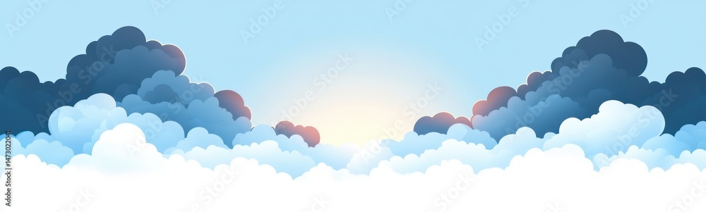 Soft layered clouds with gradient shades of blue and white illuminated by a rising or setting sun behind them in a clear sky Soft layered clouds with gradient shades of blue and white illuminated by a rising or setting sun behind them in a clear sky